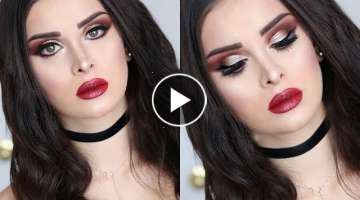 Gold glitter, Smokey Brown eyes with Red Lips | Glam Makeup
