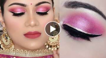 Indian Party Makeup Tutorial Pink SMOKEY Eye Golden Glitter Eyeliner मेकअप कैसे...