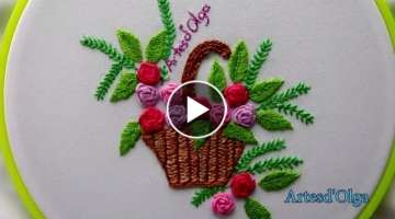 Hand Embroidery: Bullion Rose Basket | Bordados a mano: Cesta de Rosas en Punto Rococó | Artesd'...
