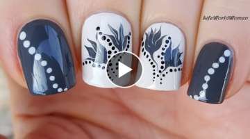 NEEDLE & TOOTHPICK Marble NAIL ART: Grey Flower Nails Design