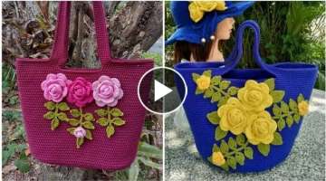 Super Stylish Crochet Handbags With Flower Applique Decorated Designs Patterns And Ideas
