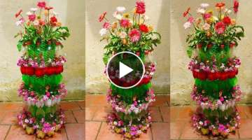 DIY Garden Ideas, Make Beautiful Vertical Flower Tower Pots from Plastic Bottles Recycle