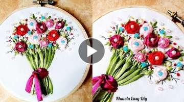 Ribbon Embroidery Flowers for Beginners || تطريز يدوي للورود بشرائط السا...