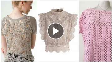 Trendi designer fancy cotton yarn crochet knitted in English pattern top blouse dress design idea...
