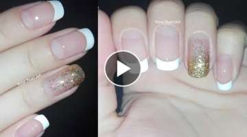French Manicure with Gold Glitter Gradient- Easy Nail Art for Beginners | Rose Pearl