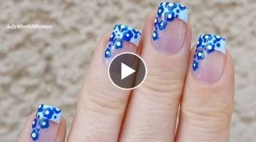 FRENCH MANICURE DESIGNS #1 / Blue Nail Art With Toothpick Flowers