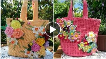 most stylish and gorgeous handmade crochet handbags design patterns with flower applique
