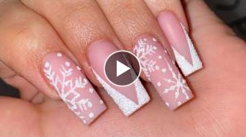 Christmas Nails 2021 | Acrylic Full Set | Snowflake Nail Design | Sugar Glitter Nails | French V ...