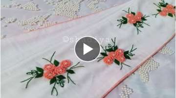 Beautiful hand embroidery bullion rose design for saree border|handwork saree designb