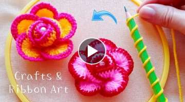 Amazing Woolen Rose Making Ideas with Pencil - Hand Embroidery Easy Trick - DIY Woolen Flowers